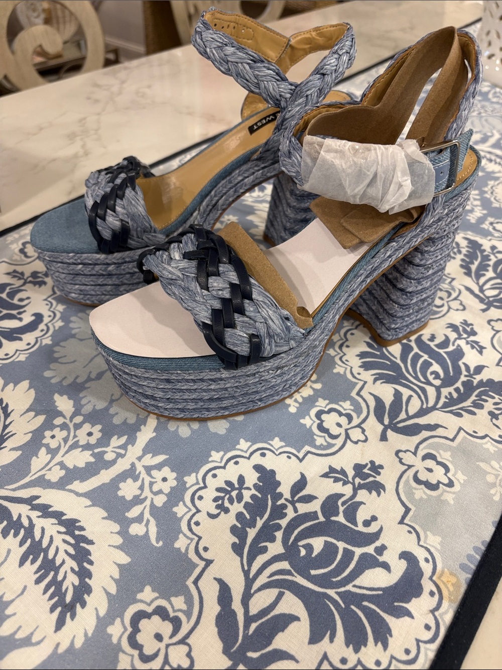 Nine West Blue Braided Platform Sandal with Navy Accents
